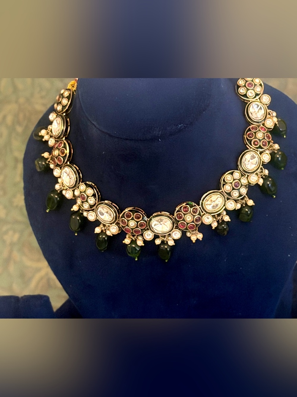 Heritage Vintage Polki Necklace with Deep Green Gemstone Drops - Women Jewelry